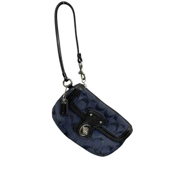 COACH Legacy Black/ Navy Blue Signature Canvas Leather Trims Wristlet #F44677 - Picture 3 of 11